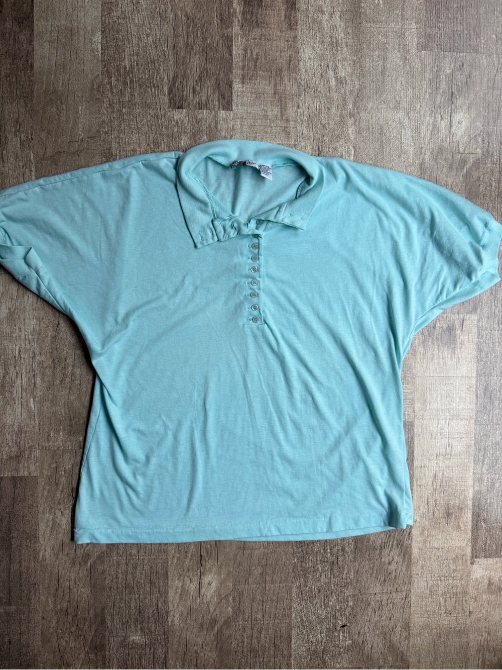 Vintage 80s Aqua Light Blue Batwing Sleeve Multi Button Polo Top